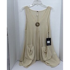 Women Ivory Crochet Tank Swim Cover Up Pockets Lagenlook Beach Vacay Summer Boho
